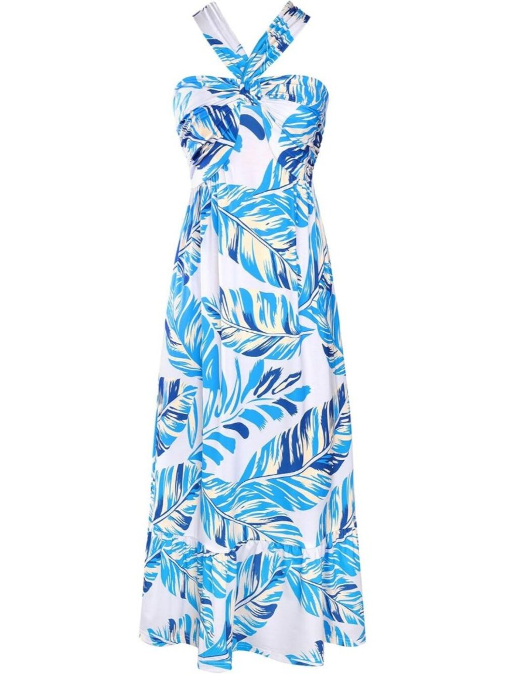 🆕Women's Blue Leaf Halter Neck Sleeveless A-Line Summer Soft Comfort Maxi Dress - Picture 1 of 3